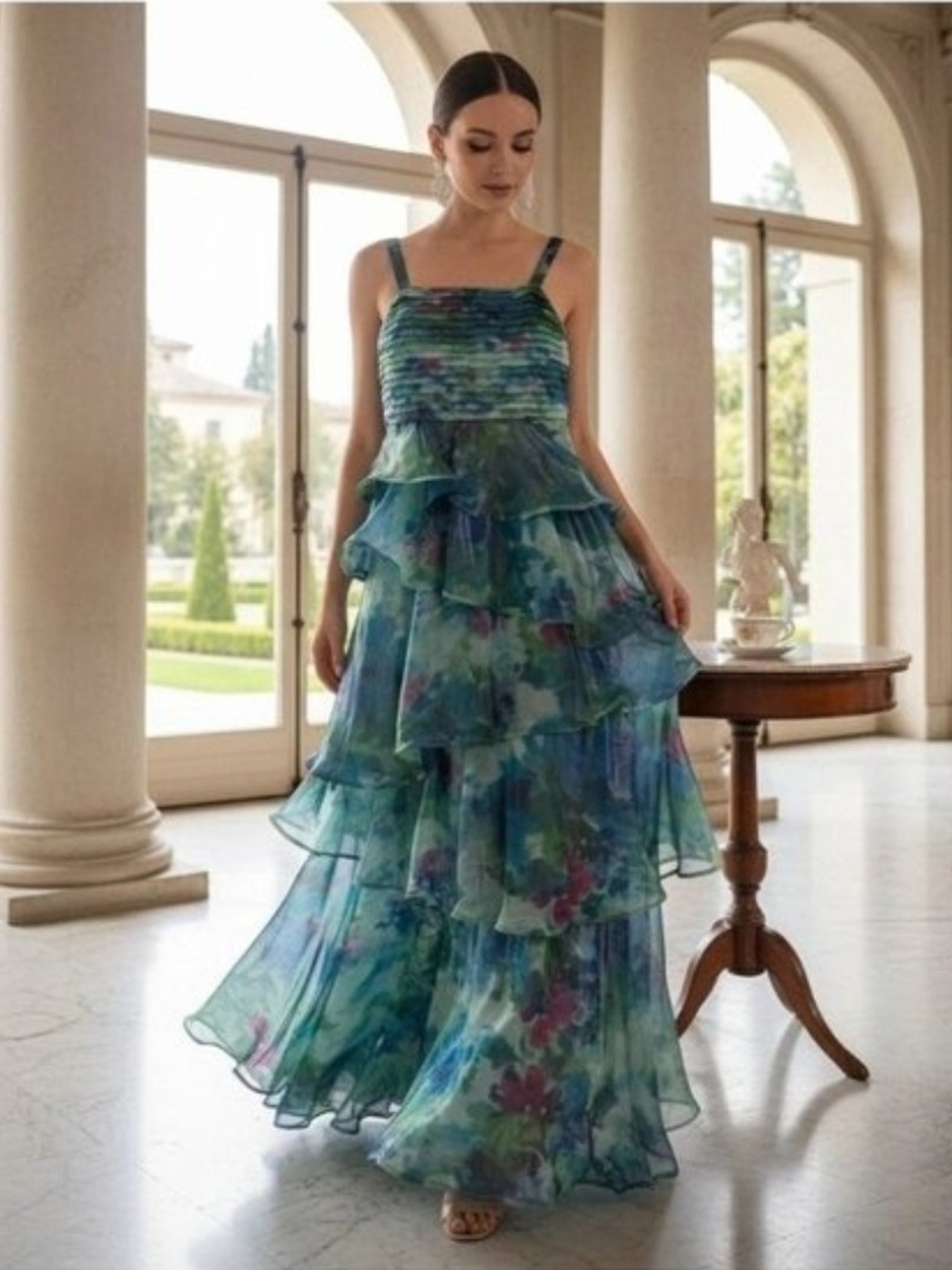 NWOT Green, Blue/ Pink Floral Tiered Chiffon Maxi Dress with Square Neck Sz 10